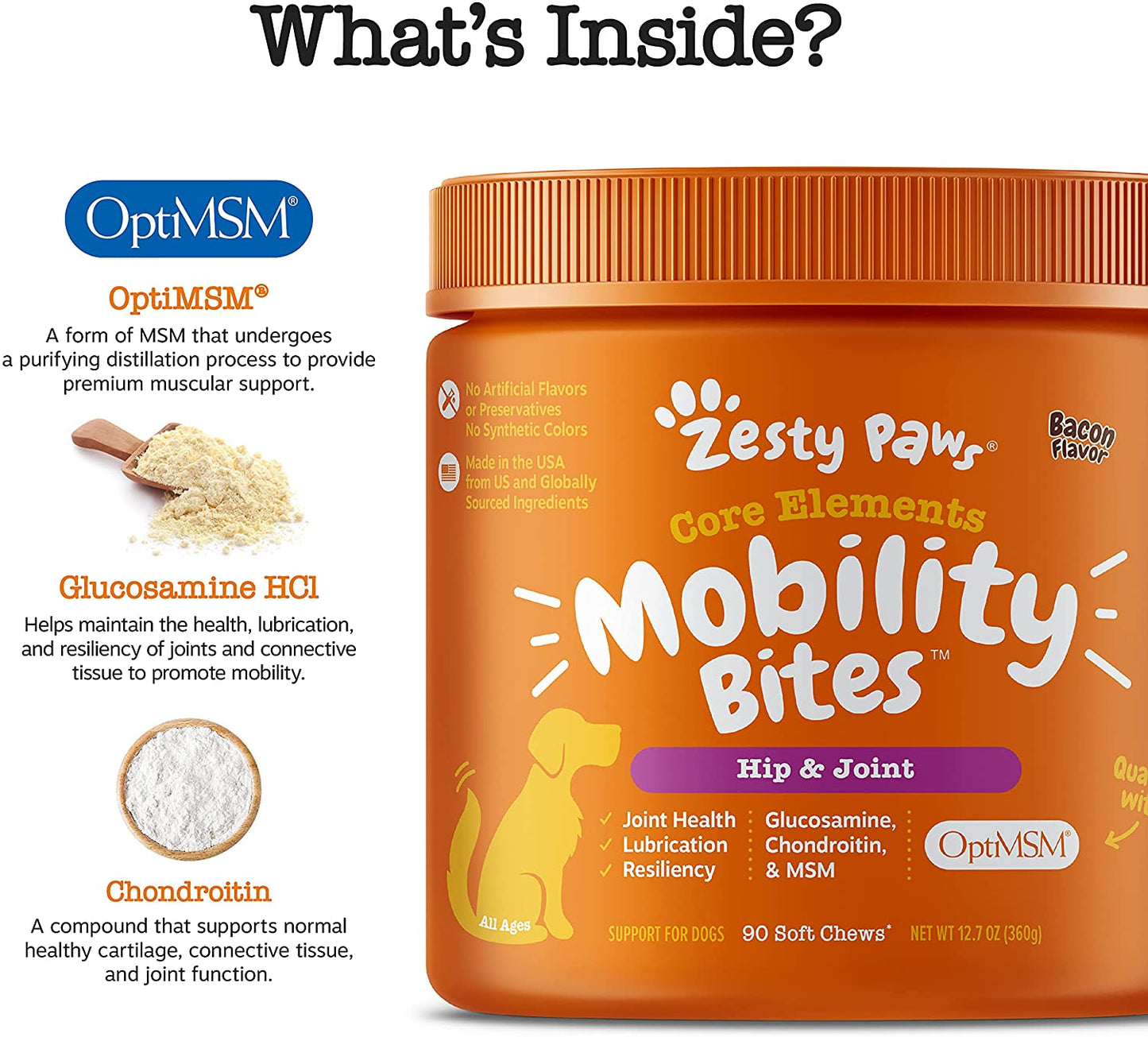 Zesty Paws Mobility Bites Glucosamine with Chondroitin & MSM Hip & Joint Health for Dogs, Bacon Flavor - 90 Soft Chews