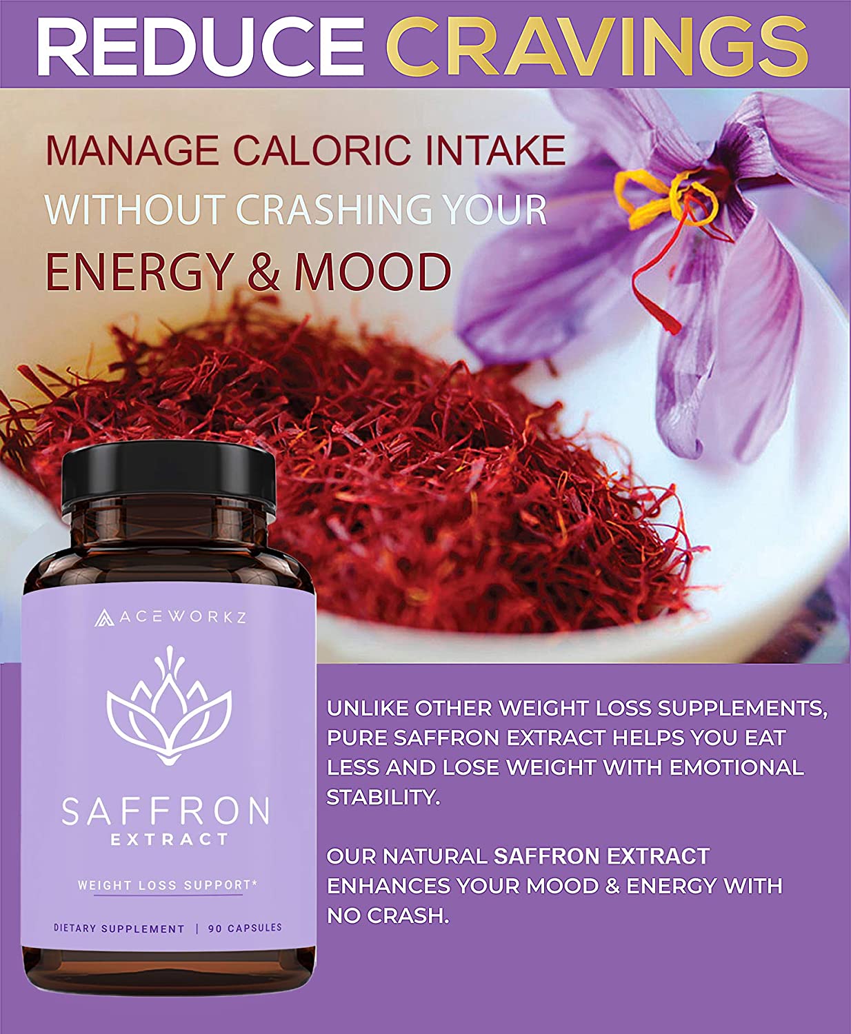 Aceworkz Pure Saffron Extract - Appetite Suppressant Weight Loss Pills for Women & Men 90 Capsules