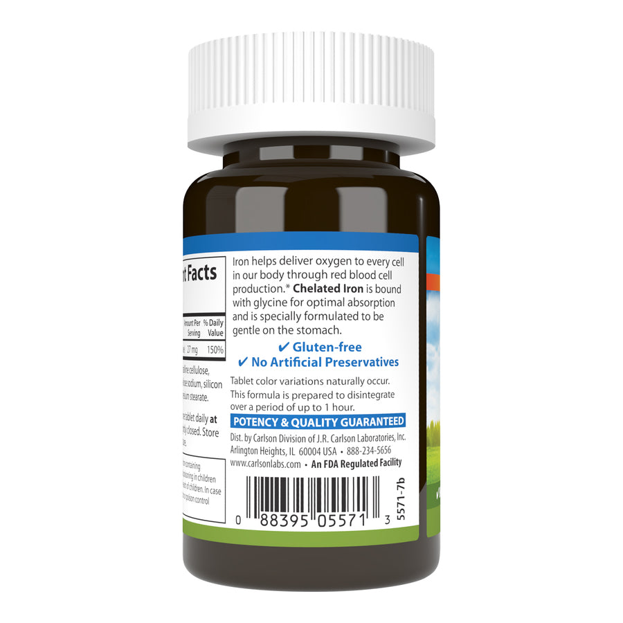 Carlson Chelated Iron 27mg Superior Absorption 100 Tablets Blood Health, Energy Utilization & Optimal Wellness