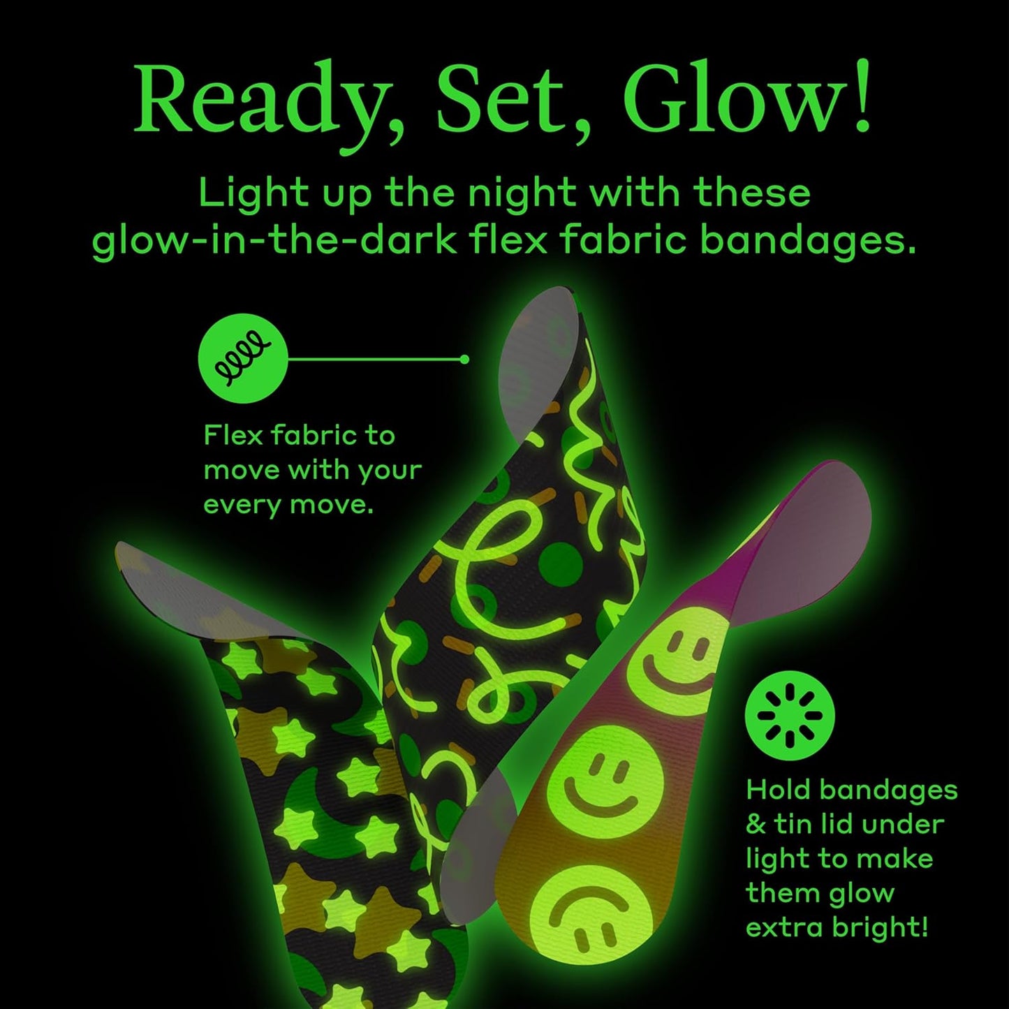 Welly Flex Fabric Bandages Refill Pack Glow In The Dark 120 Count Assorted