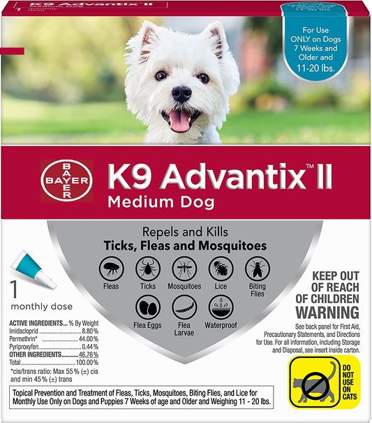 Bayer K9 Advantix II Medium Dog 1 Monthly Dose For Dogs Only 7 Weeks Old & Above Only - 11-20lbs