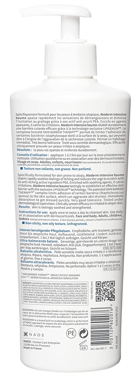 Bioderma Atoderm Intensive Ultra-Soothing Balm Face & Body Moisturizer for Very Dry Sensitive Skin, 16.7 fl.oz / 500ml