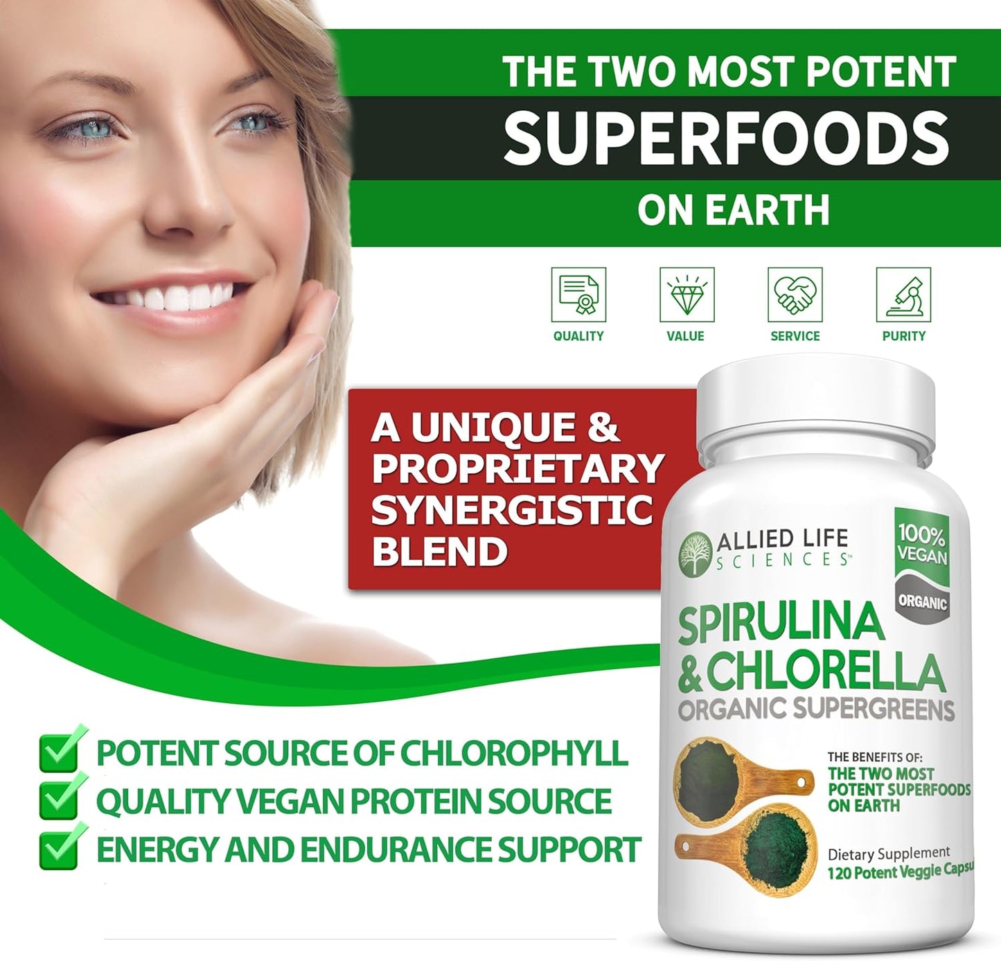 Allied Life Spirulina & Chlorella Organic Supergreens Supplement 120 Capsules