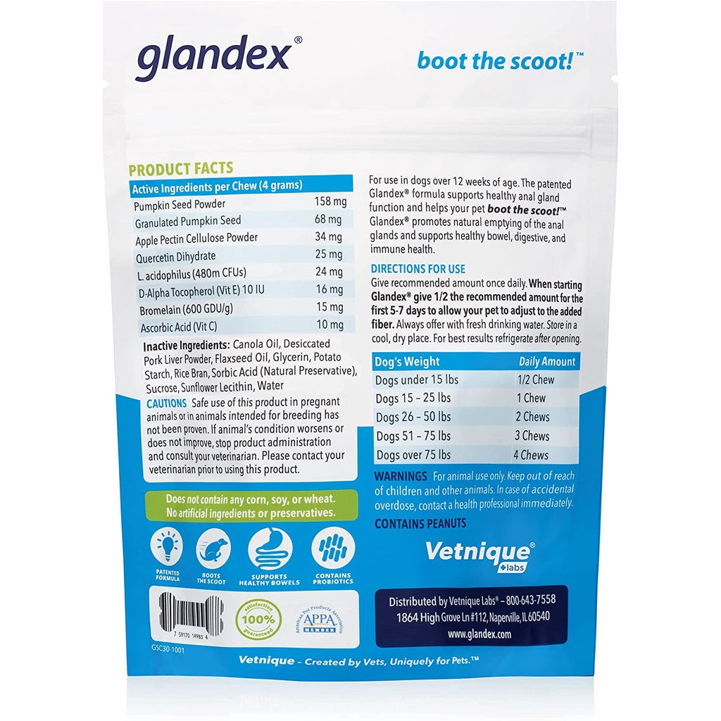 GLANDEX Vetnique An'al Gland Digestive Enzymes Peanut Butter for All Dogs Boot The Scoot 30 Chews