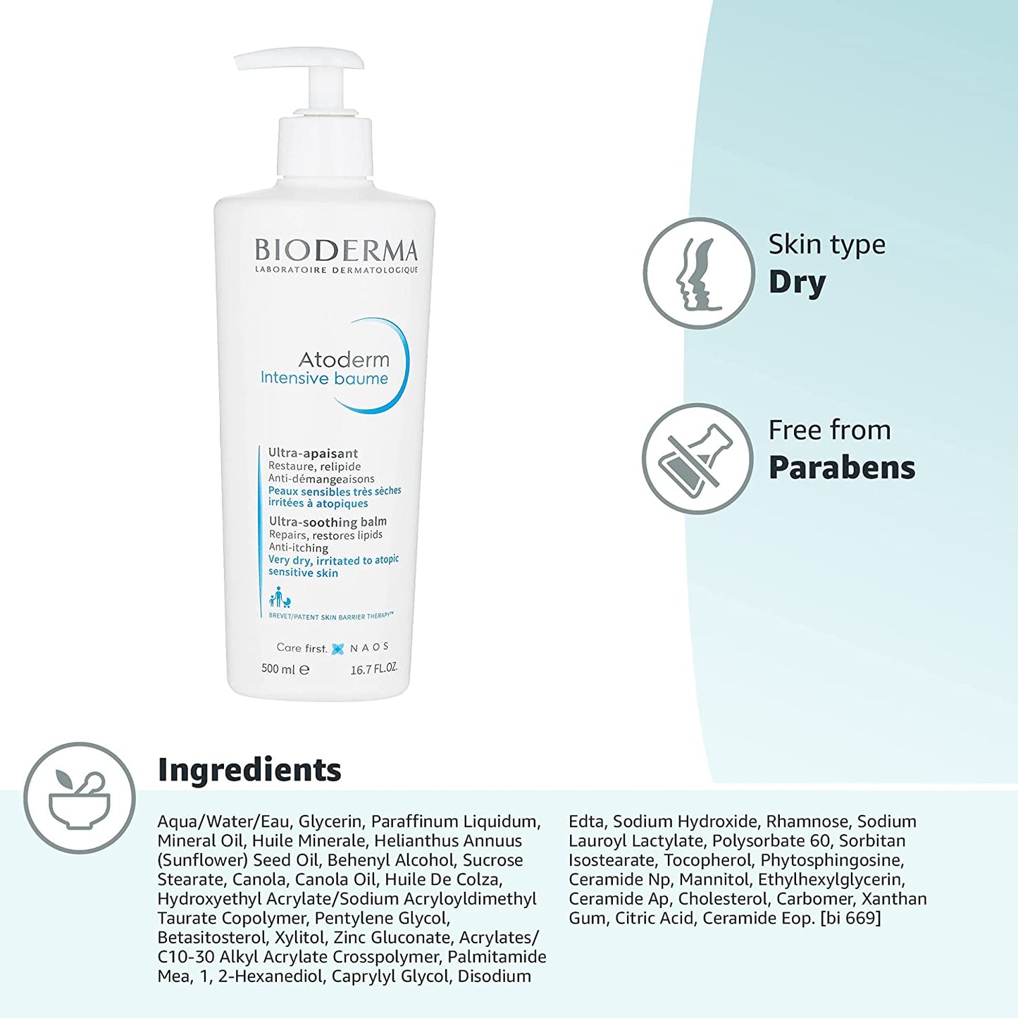 Bioderma Atoderm Intensive Ultra-Soothing Balm Face & Body Moisturizer for Very Dry Sensitive Skin, 16.7 fl.oz / 500ml