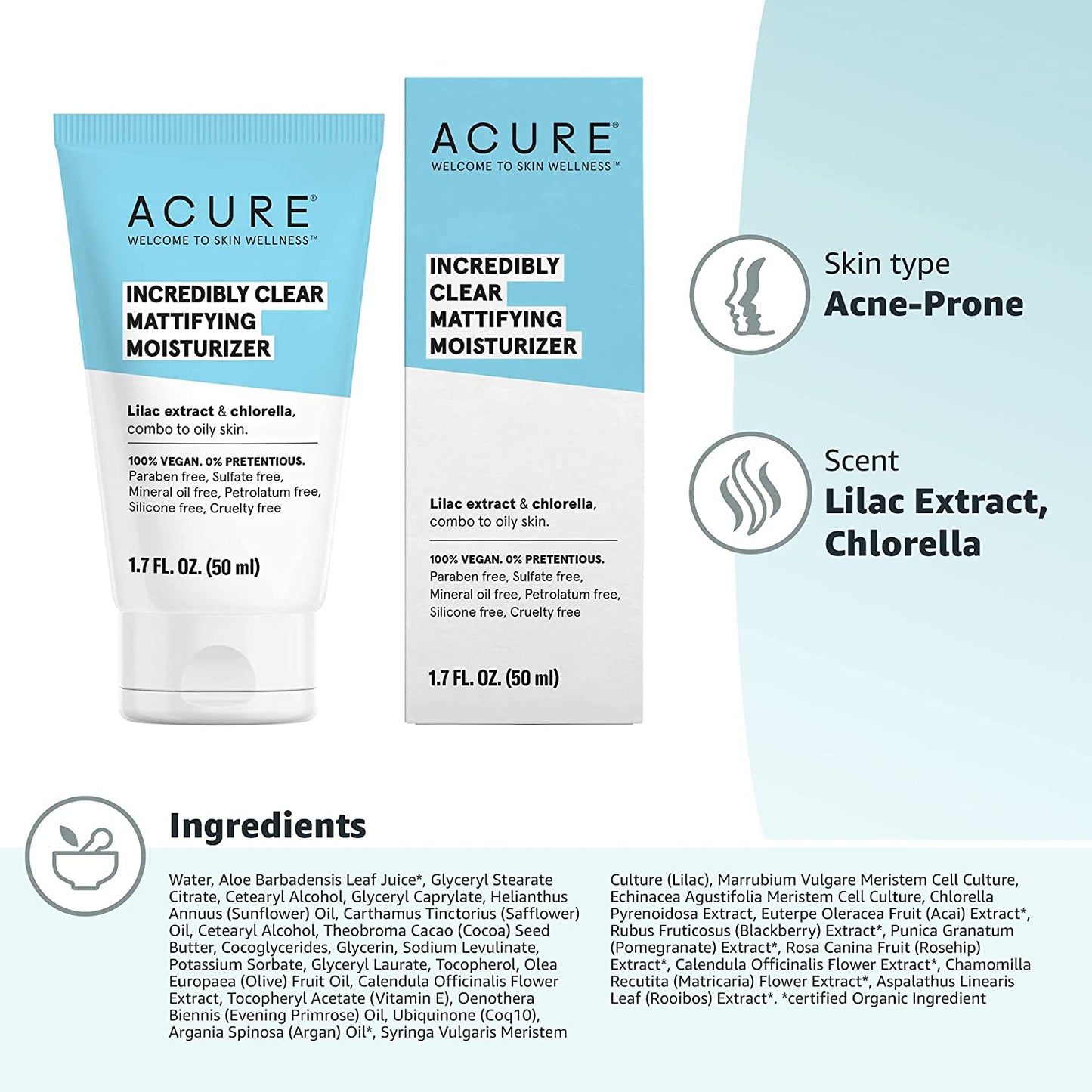 Acure Incredibly Clear Mattifying Moisturizer for Combo to Oily Skin with Lilac Extract & Chlorella, 1.7 fl.oz / 50ml