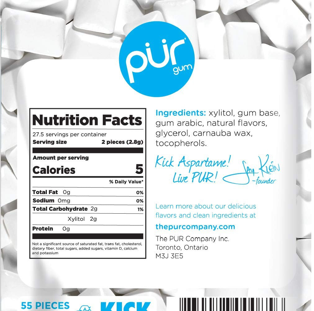 PUR gum with 100% xylitol Aspartame Free & Sugarless, Peppermint Flavor 55 Count