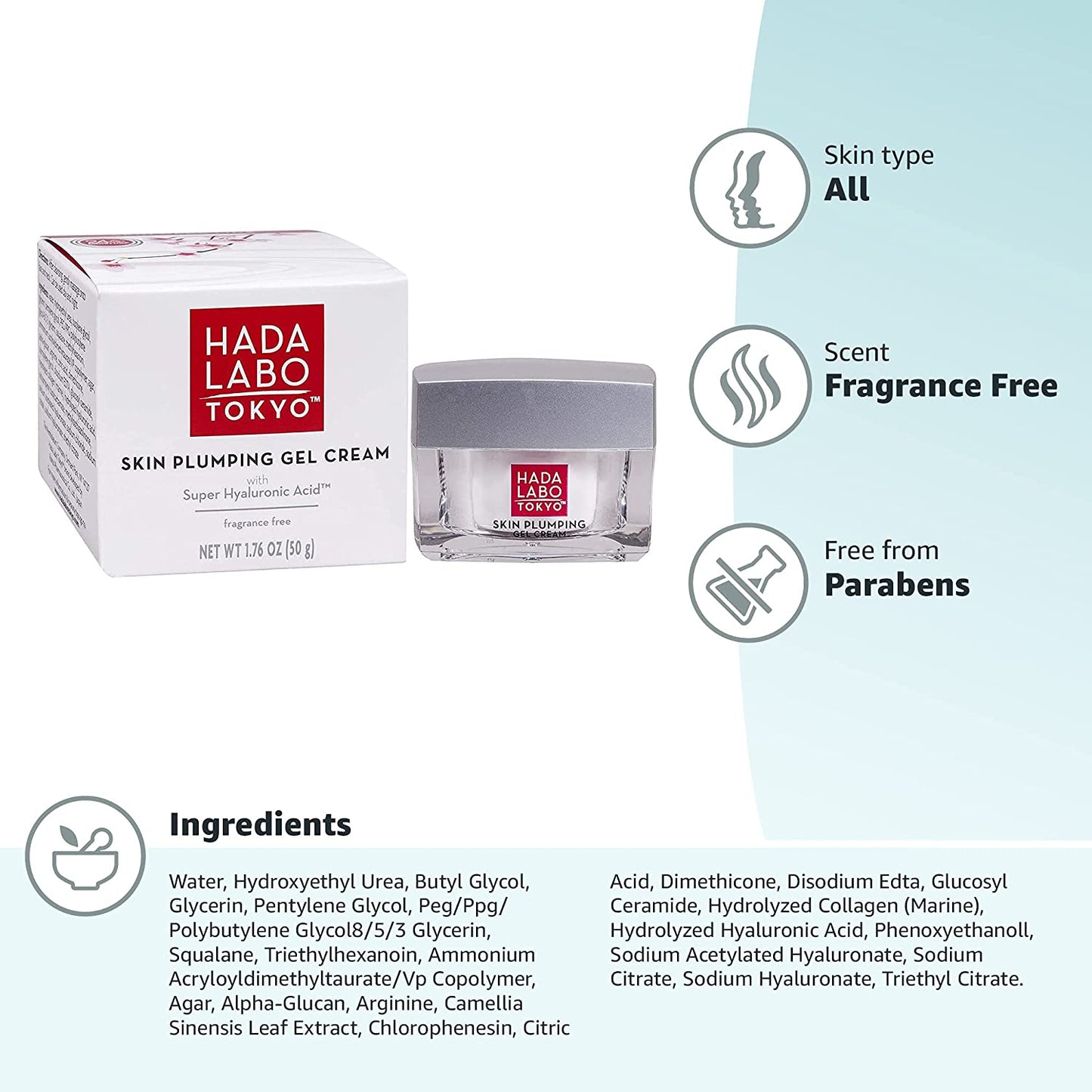 Hada Labo Tokyo Skin Plumping Gel Cream with Super Hyaluronic Acid & Collagen, 1.76 oz. / 50g