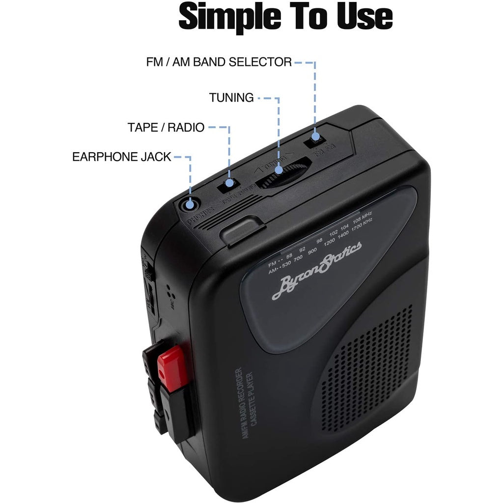 Byron Statics Portable Cassette Player AM/FM Radio Recorder, 2AA Battery/USB Power Supply, Black