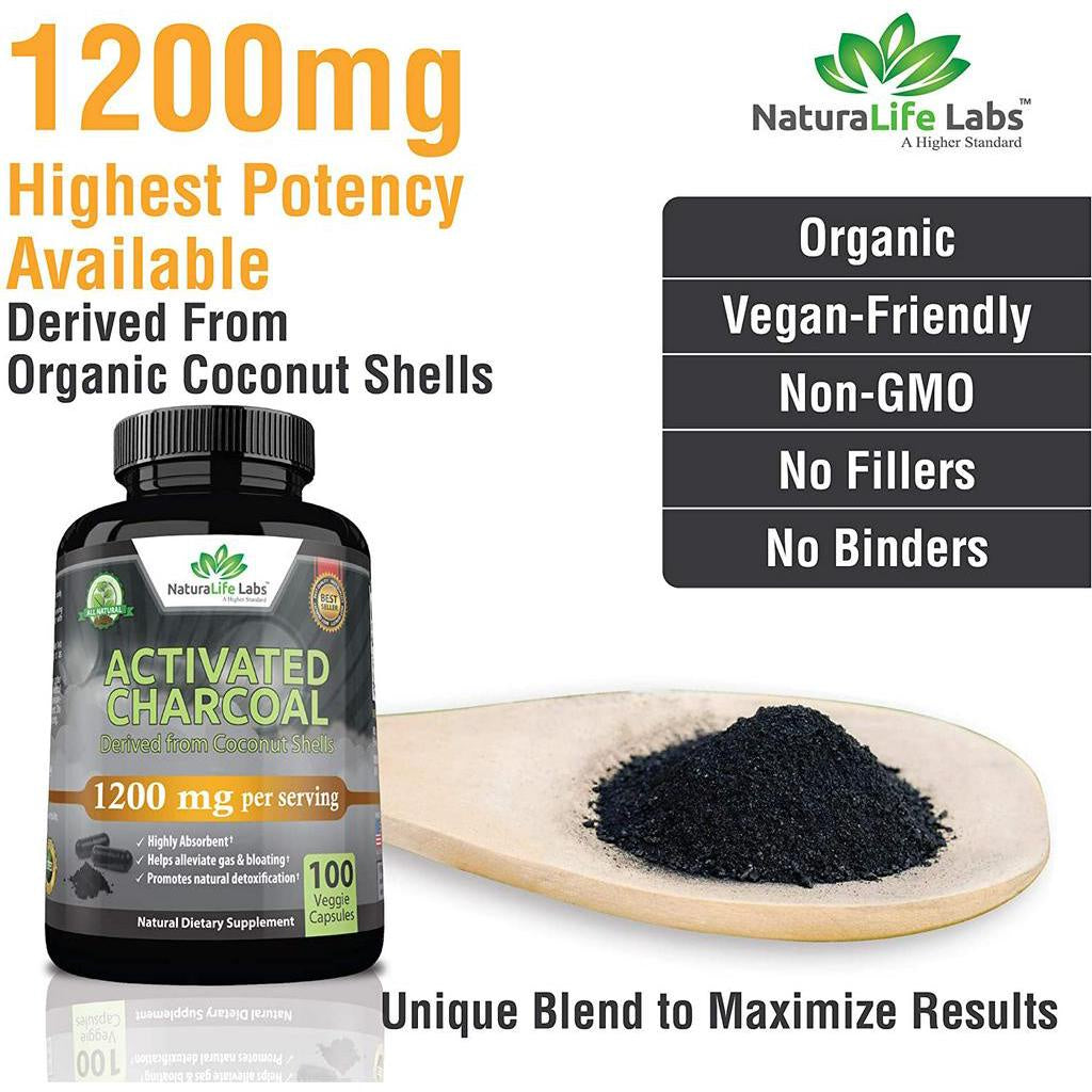 NaturaLife Labs Activated Charcoal Capsules, 1,200 mg, Derived From Coconut Shell, 100 Capsules