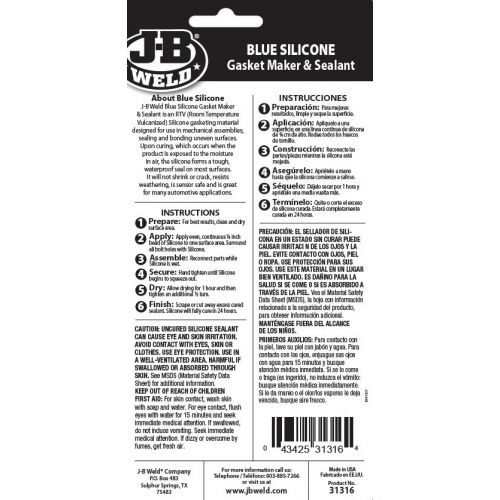 JB Weld Blue Silicone Gasket Maker & Sealant, 3.0 oz. / 85g (31316) - NOT CARDED