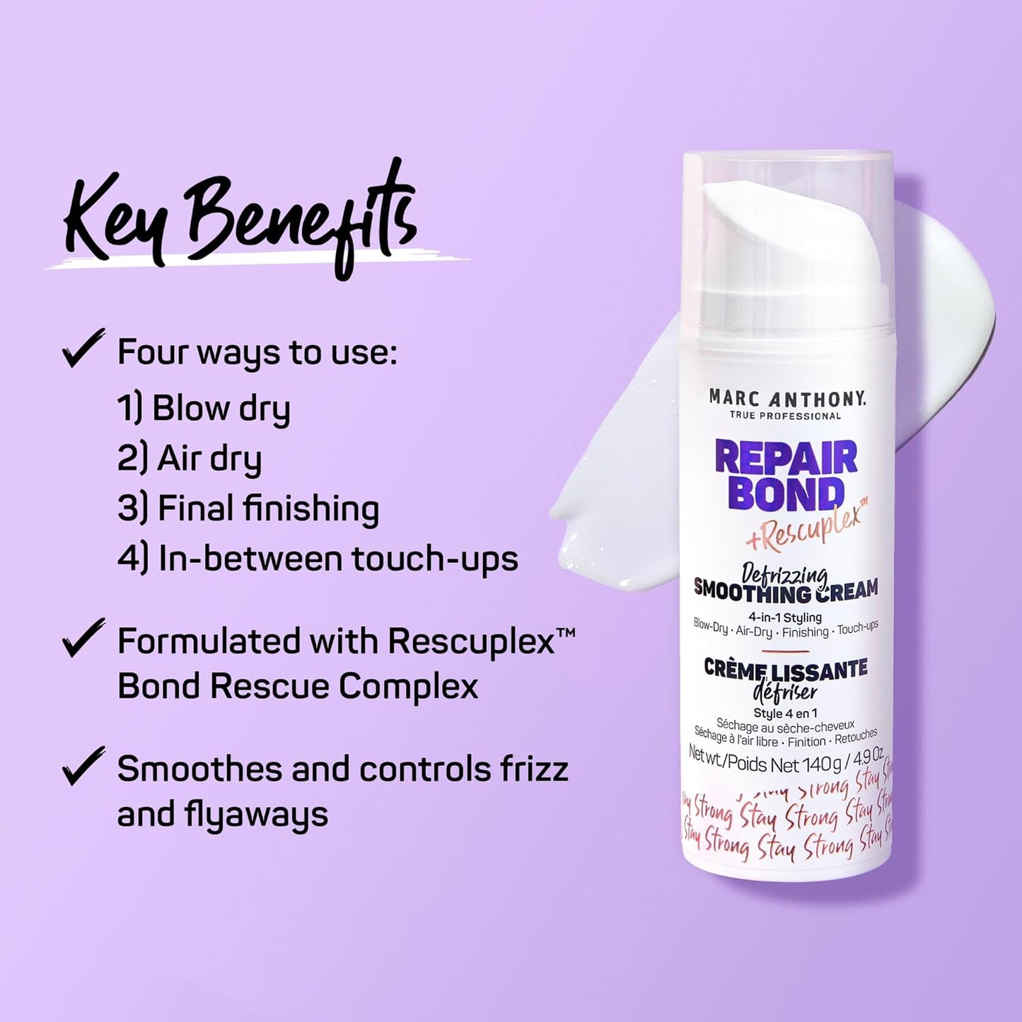 Marc Anthony Repair Bond + Rescuplex Defrizzing Smoothing Cream 4-in-1 Styling, 140 g / 4.9 oz.