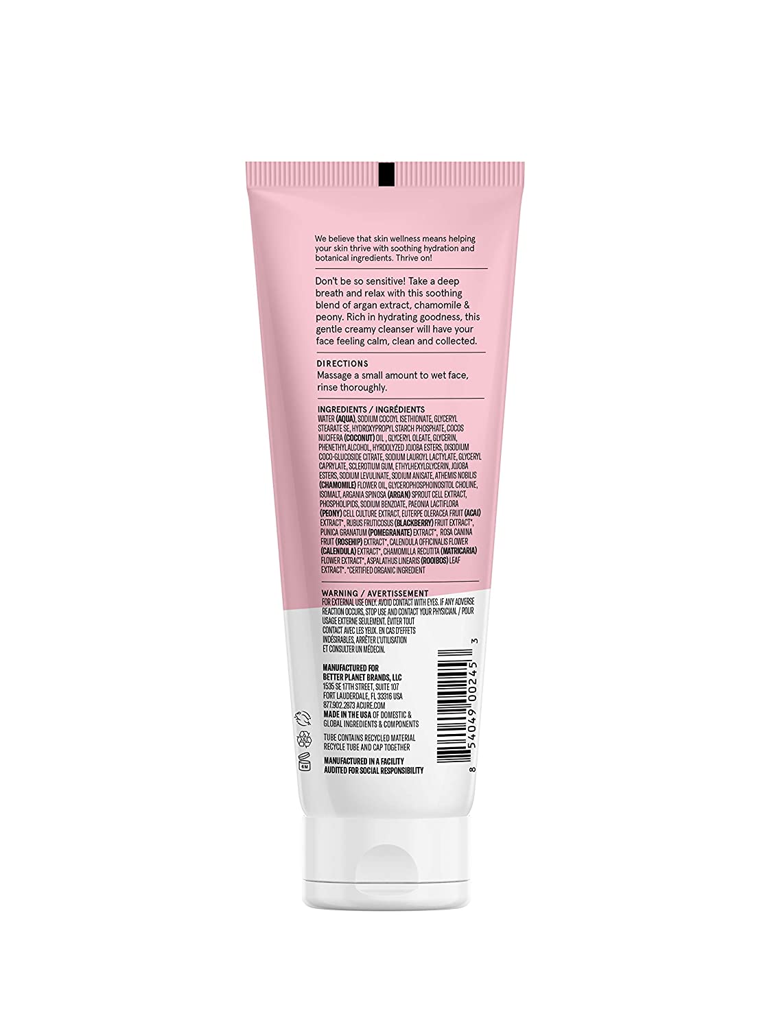 ACURE Seriously Soothing Facial Cleansing Cream Peony Extract & Chamomile, 4 fl.oz / 118ml