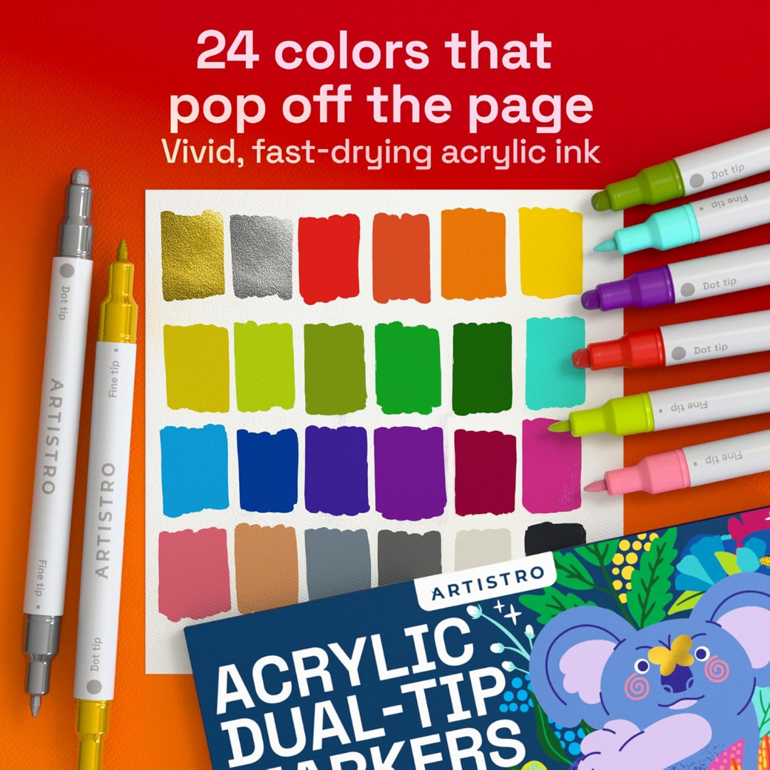 Artistro Acrylic Dual-Tip Markers, Dot and Fine Tip, 24 Colors