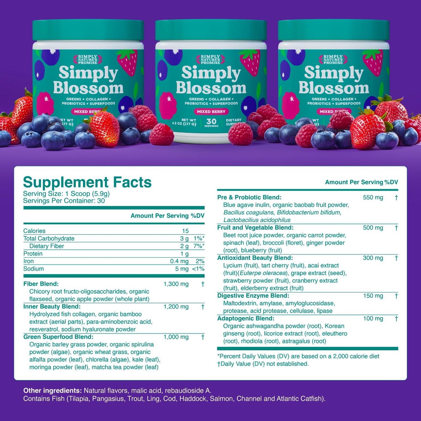Simply Blossom Greens + Collagen + Probiotics + Superfoods Mixed Berry Supplement 6.2 oz / 177g