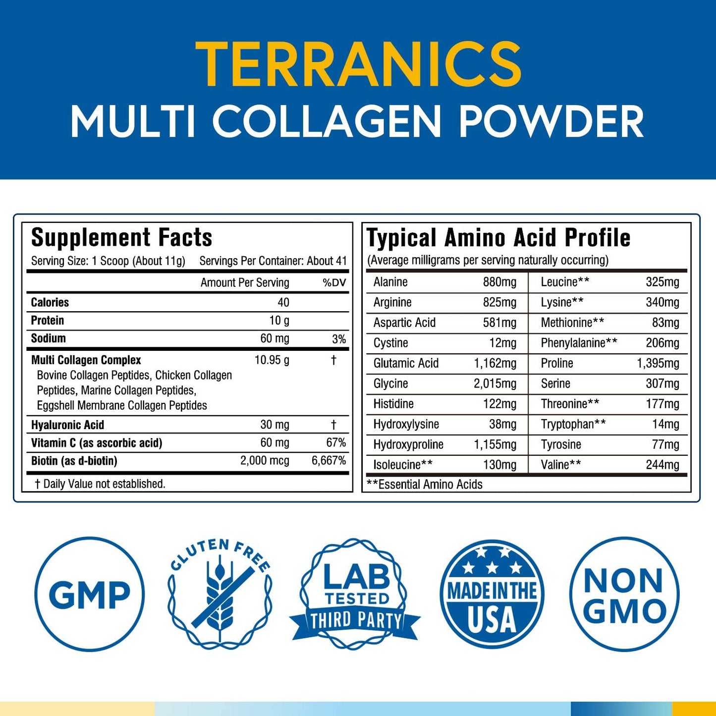 Terranics Multi Collagen with Biotin Vitamin C & Hyaluronic Acid Type I II III V & X Dietary Supplement 16 Oz