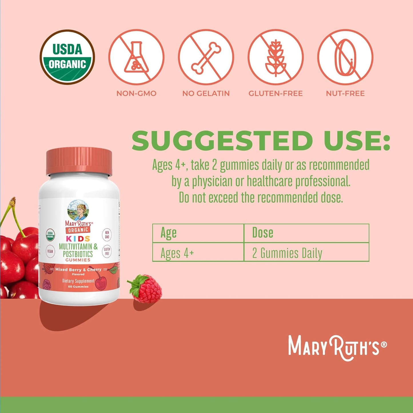 Mary Ruth's Organic Kids Multivitamin & Postbiotics Gummies Mixed Berry & Cherry, 60 Gummies