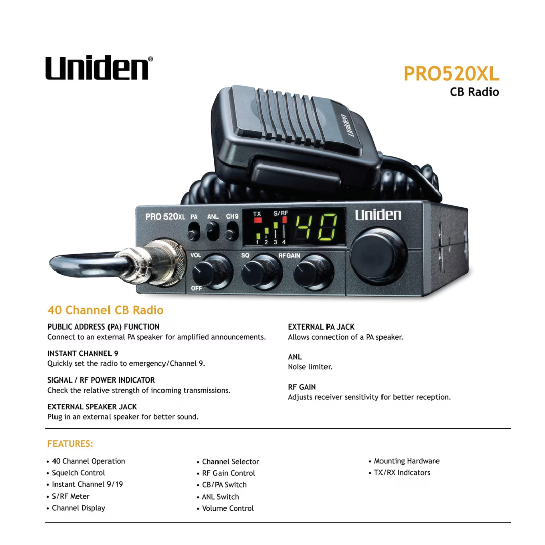 Uniden PRO520XL Pro Series 40-Channel CB Radio, Black