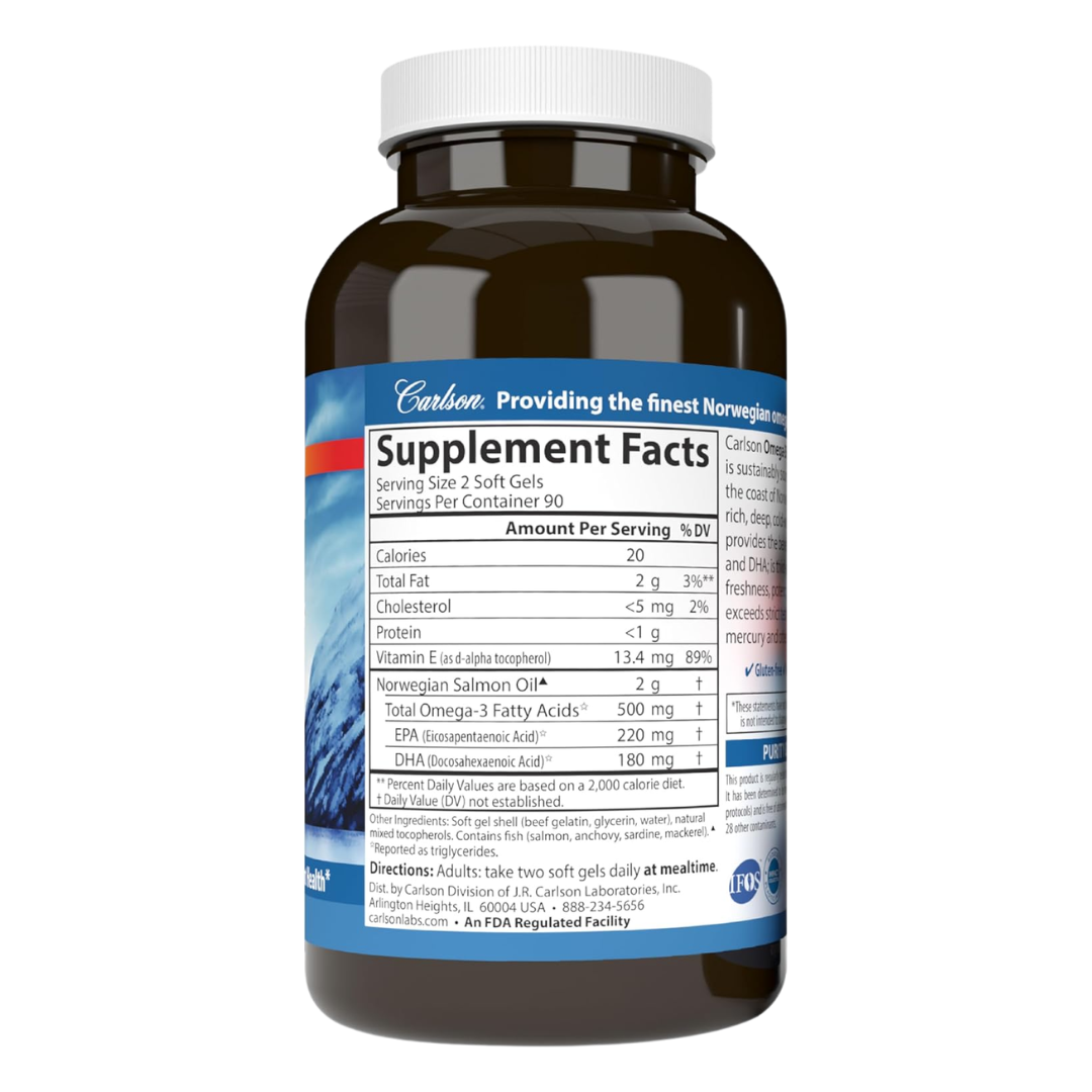 Carlson Norwegian Salmon Oil 500 mg 180 Softgels Omega 3, Brain, Heart & Joint Health