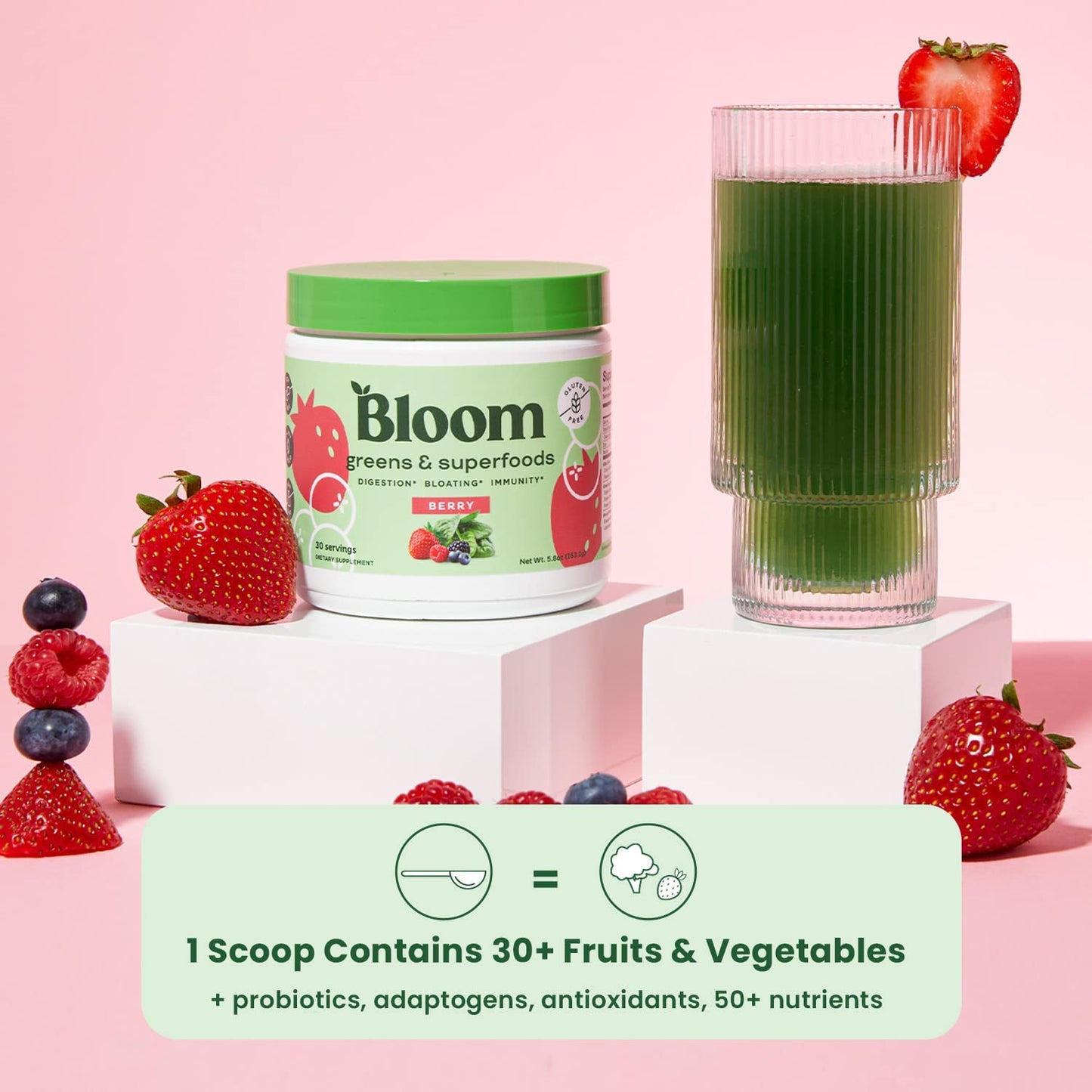 Bloom Nutrition Greens & Superfoods for Digestion Bloating & Immunity Berry 30 Servings 5.8 Oz