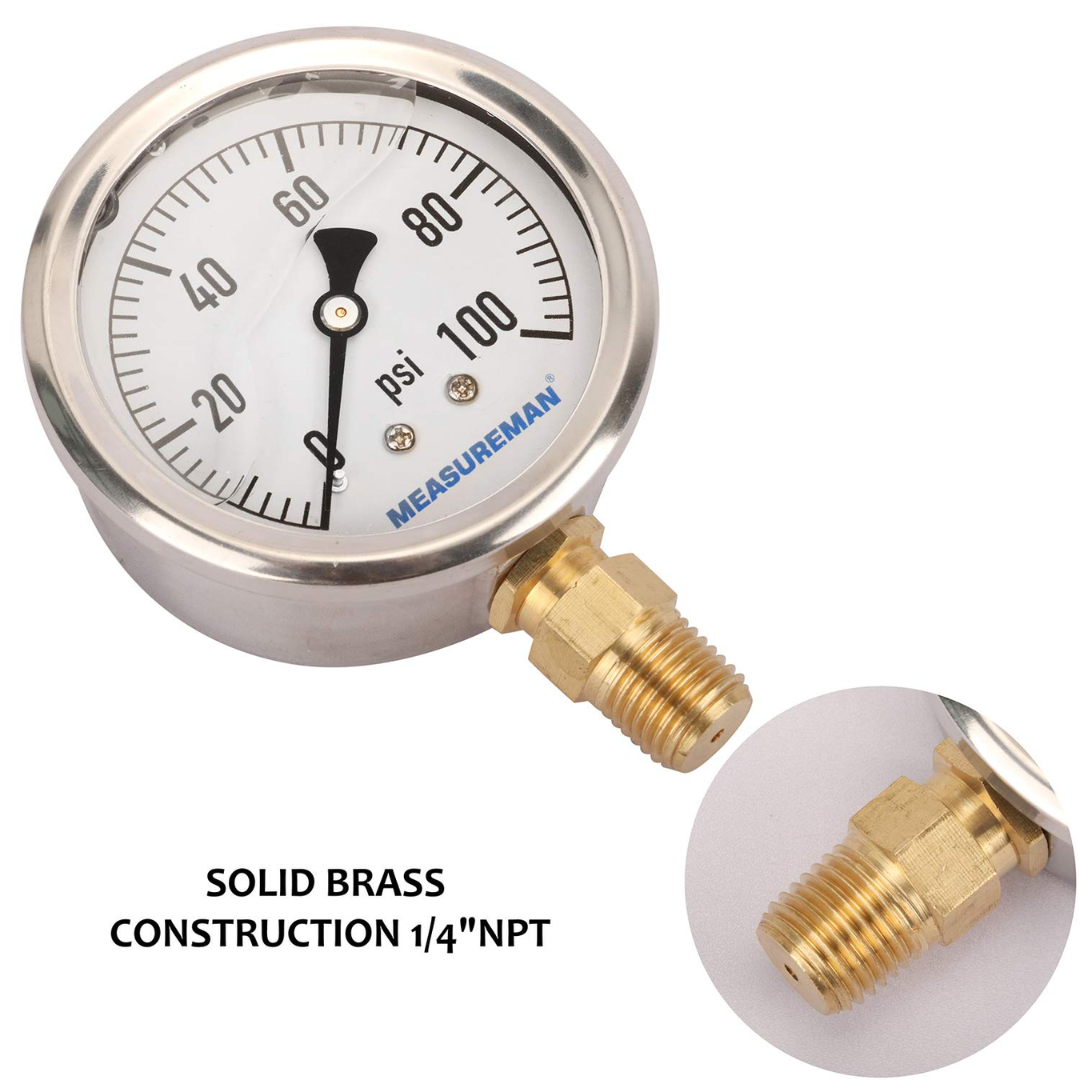 MEASUREMAN Glycerin Filled Plumbing Pressure Gauge Stainless Steel Case 0-100 PSI 2-1/2"