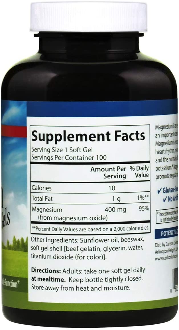 Carlson Magnesium Gels, 400 mg 100 Softgels Heart & Muscle Support