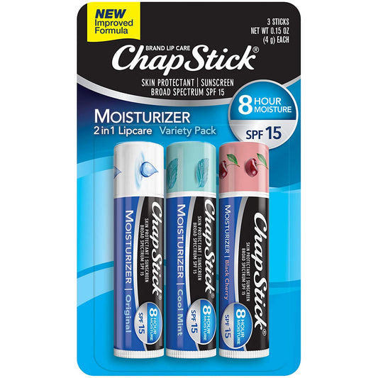 ChapStick Lip Moisturizer (Original, Cool Mint & Black Cherry Flavors, 0.15 Ounce, 3 Sticks) and Skin Protectant Lip Balm Tube, Sunscreen, SPF 15
