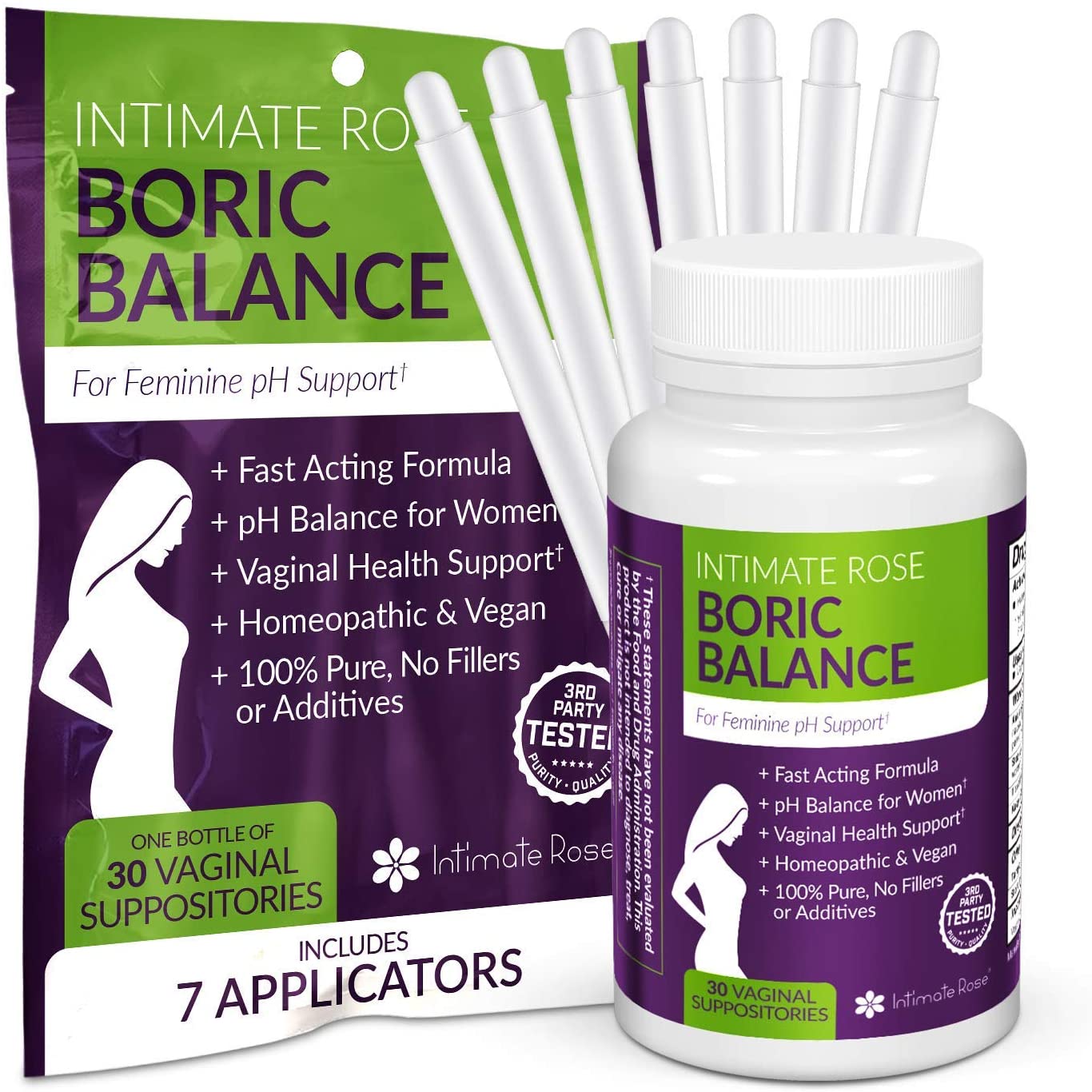 Boric Acid Vaginal Suppositories 30 Count (600mg) + 7 Applicators Balance pH, Vaginal Odor, Promote Vaginal Health