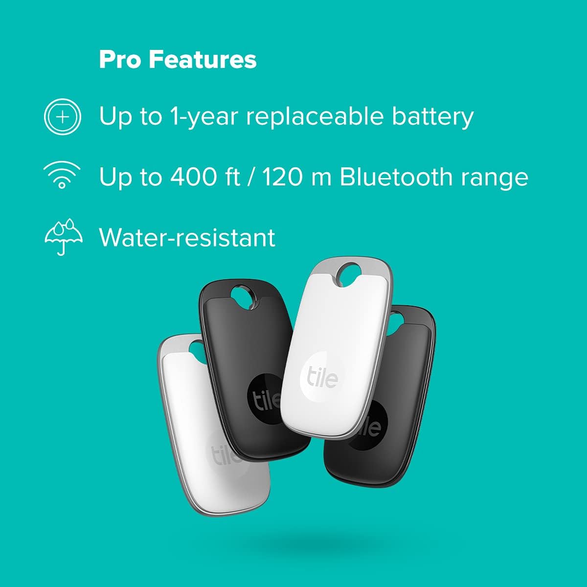 Tile Pro 4-Pack. Powerful Bluetooth Tracker, Keys Finder and Item Locator for Keys, Bags, and More; Up to 400 ft Range. Water-Resistant. Phone Finder. iOS and Android Compatible