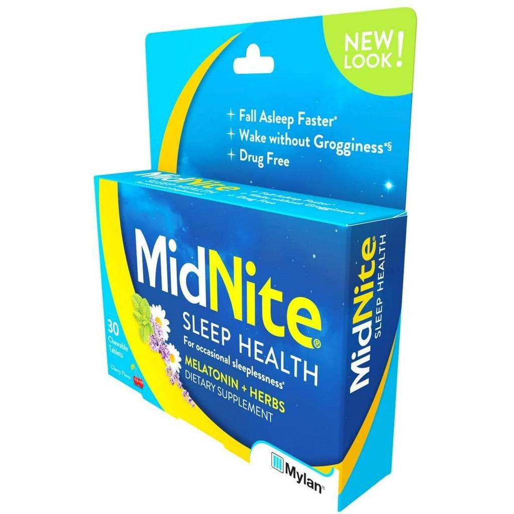 MidNite Sleep Health Melatonin + Herbs Sleep Aid, Chewable Tablets, Cherry Flavored, 30 Count