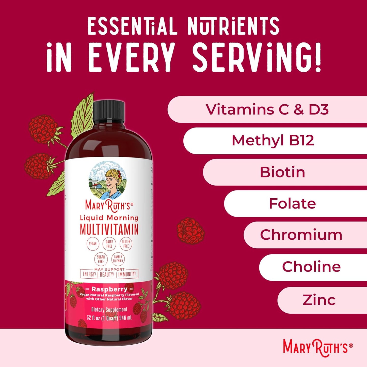 Mary Ruth's Liquid Morning Multivitamin Dietary Supplement Raspberry, 450 ml / 15.22 fl oz