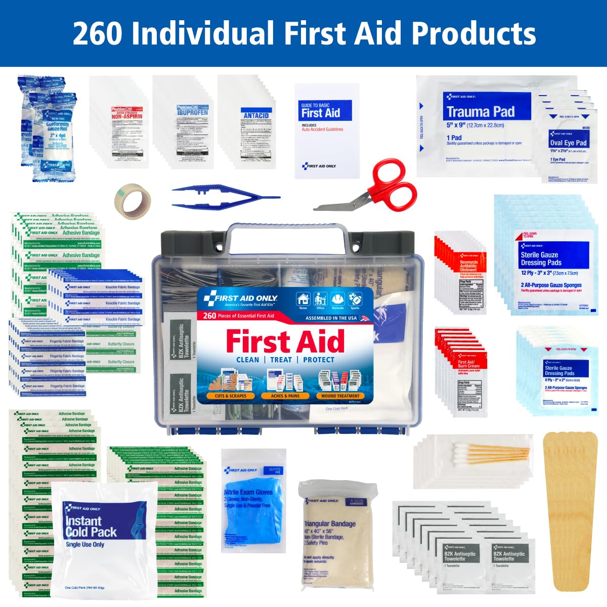 First Aid Only Clean Treat Protect, First Aid Kit, 260 Pieces