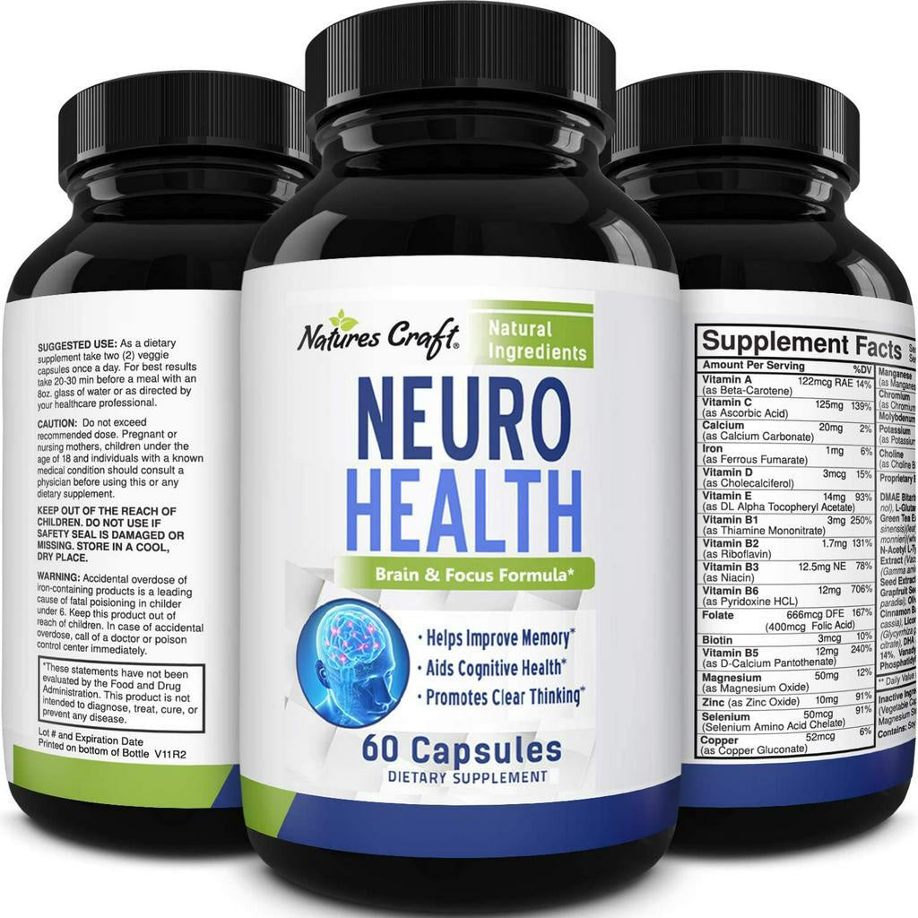 Nature's Craft Neuro Health, Brain & Focus Fomula with Bacopa Monnieri L-Glutamine, 60 Capsules