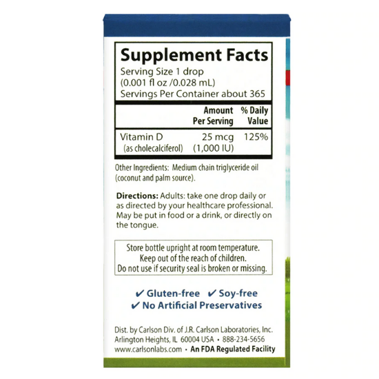 Carlson Super Daily D3 1,000 IU, 25 mcg 365 drops 0.35 fl oz / 10.3 mL