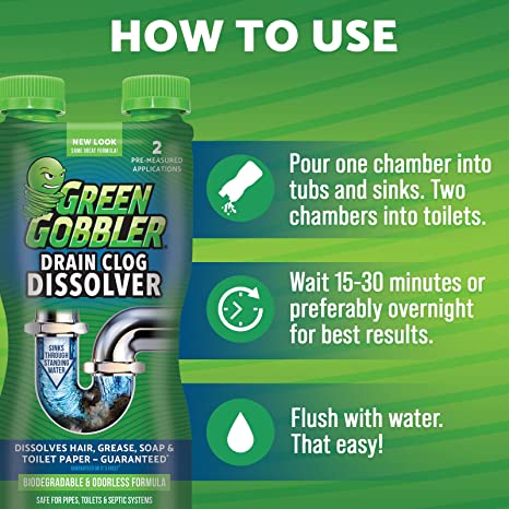 Green Gobbler Drain Clog Dissolver 2 Pre-Measured Applications, 31 oz / 916 ml