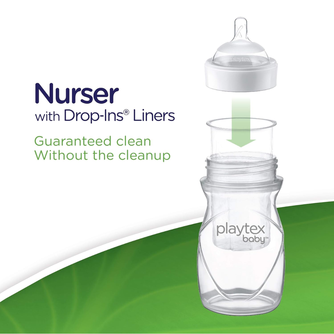 Playtex Baby Nurser with Drop-Ins Liners, 0 M+ Slow and 3 M+ Medium 4 Bottles, Newborn Gift Set