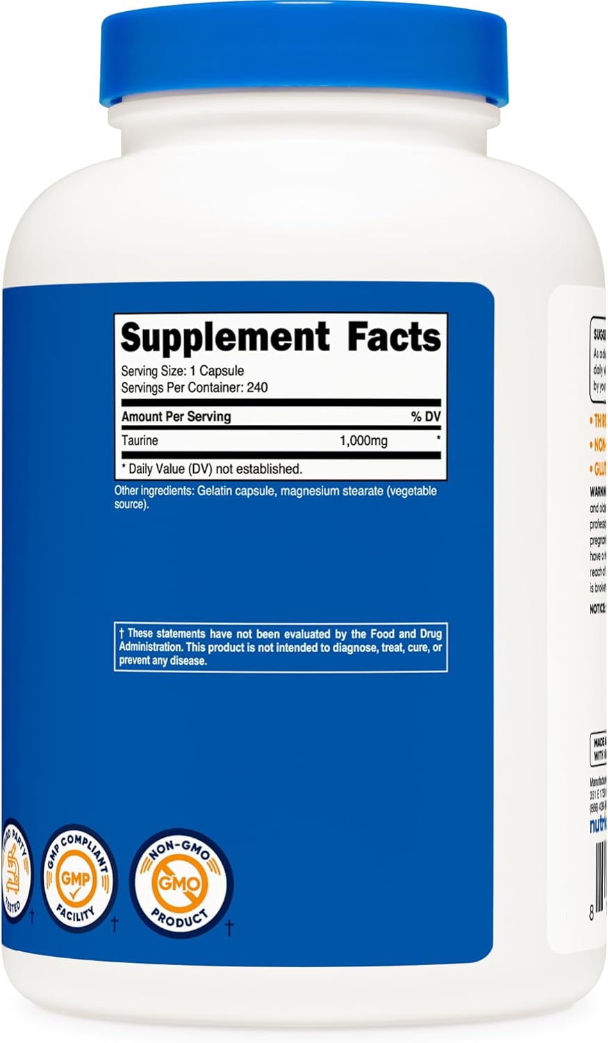 Nutricost Taurine 1,000mg Per serving Dietary Supplement, 240 Capsules