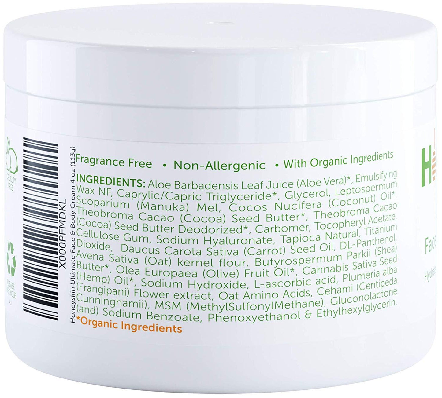 HoneySkin Face and Body Cream Moisturizer - Nourishing Aloe Vera - Manuka Honey for Rosacea Eczema Psoriasis Rashes Itchiness Redness - Natural Organic Cracked Skin Relief - Anti Aging - Anti Wrinkle (4 oz)