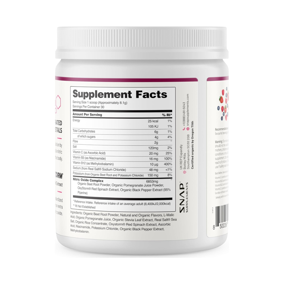 SNAP Supplements Nitric Oxide Organic Beets Mixed Berry Flavor, 8.8 oz. / 250g