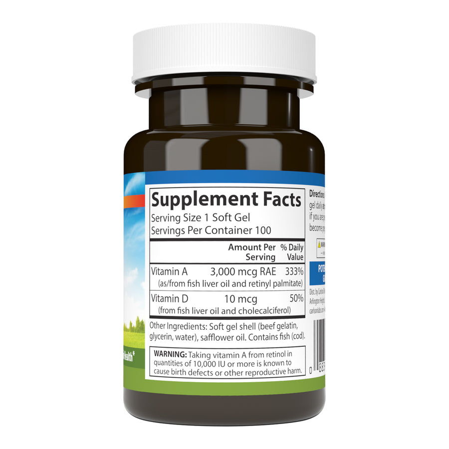 Carlson Vitamins A & D 10,000 IU & 400 IU (3,000mcg RAE) & (10mcg) 100 Soft Gels Vision Support, Immune Function & Skin Health