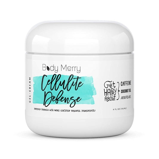 Body Merry Cellulite Defense Gel-Cream, Anti Cellulite Body Treatment for Firming & Toning w/ Natural Caffeine + Coconut Oil + Peppermint, Original, 4oz. / 118ml