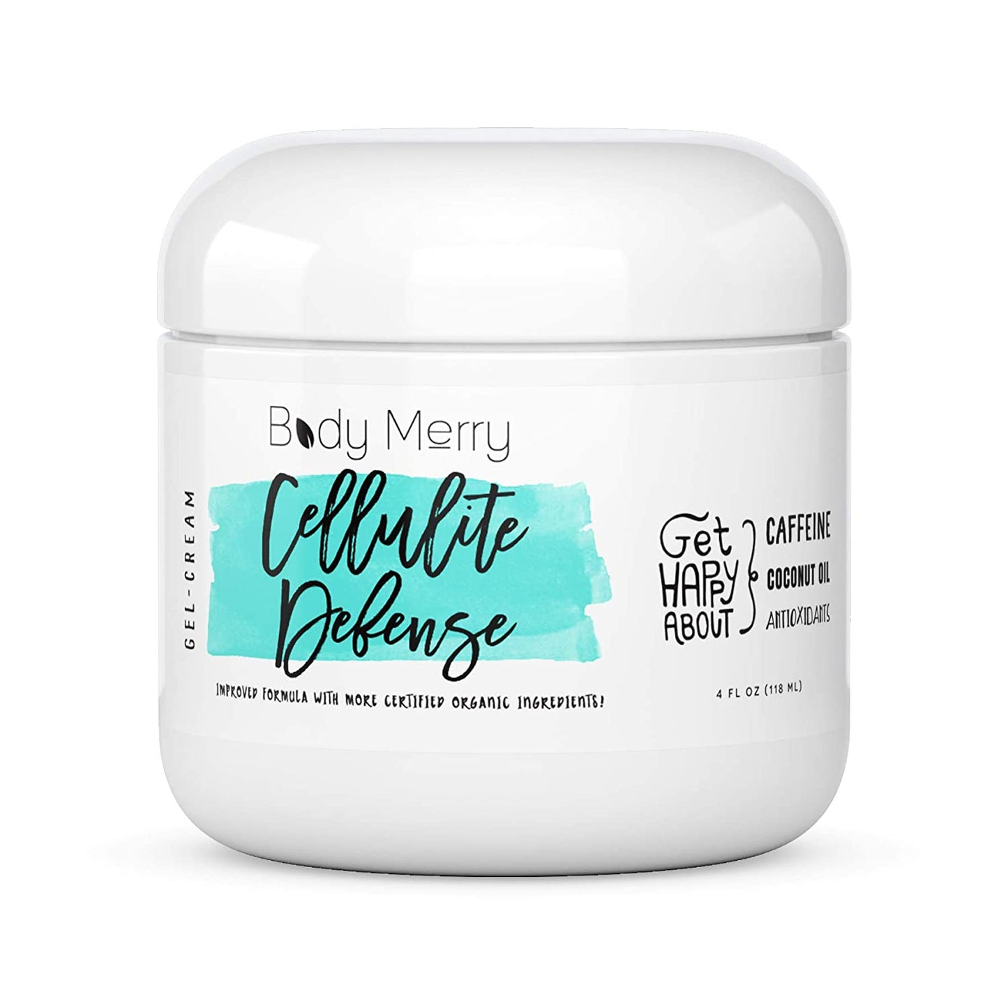 Body Merry Cellulite Defense Gel-Cream, Anti Cellulite Body Treatment for Firming & Toning w/ Natural Caffeine + Coconut Oil + Peppermint, Original, 4oz. / 118ml