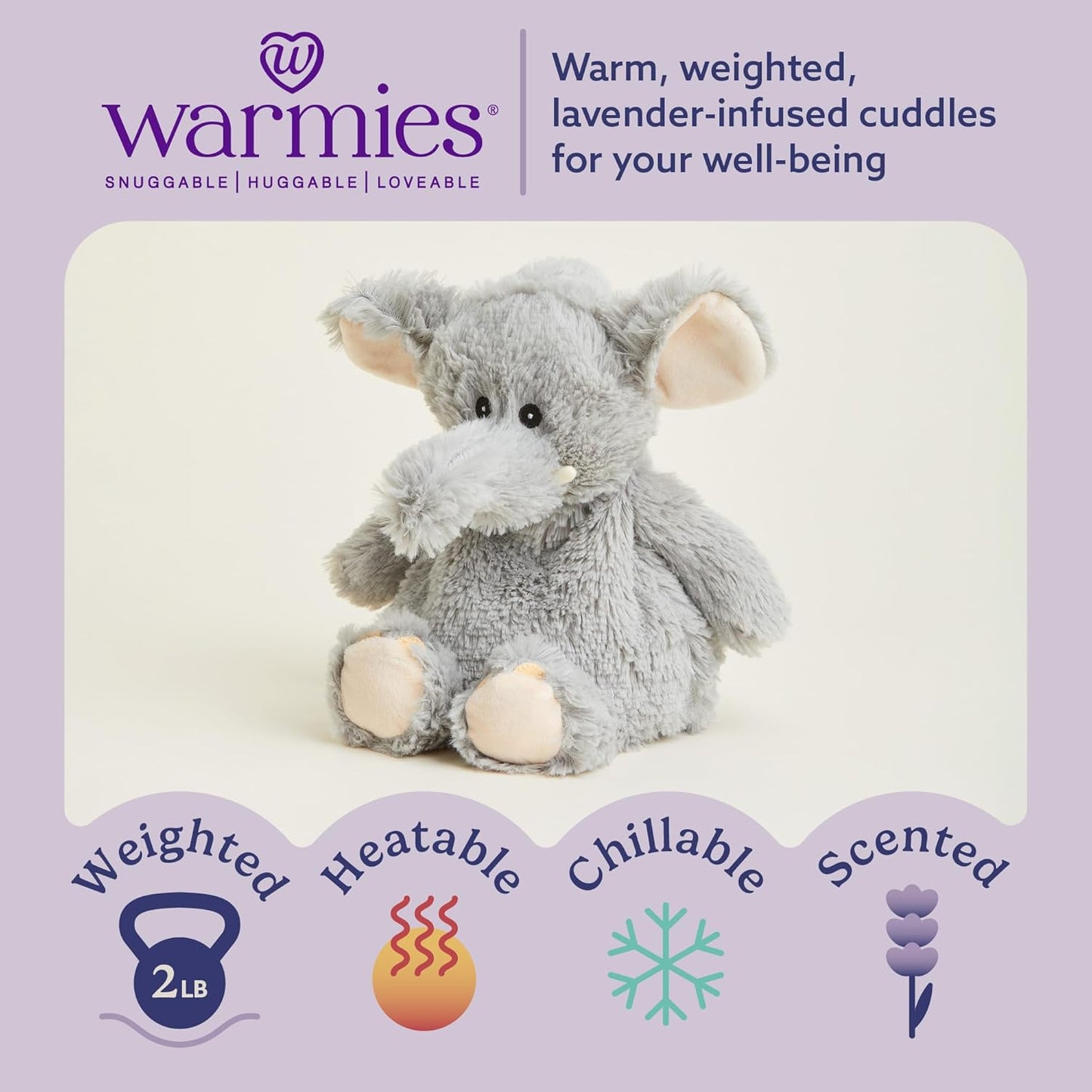 Warmies Microwavable & Weighted Stuffed Animals, Gray Elephant, Cute Soft Plush Toys for Boys, Girls, Babies & Toddlers