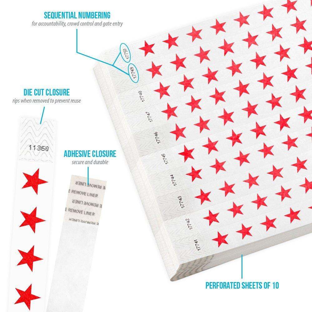 WristCo Red Stars 3/4" Tyvek Wristbands - 500 Pack Paper Wristbands for Events