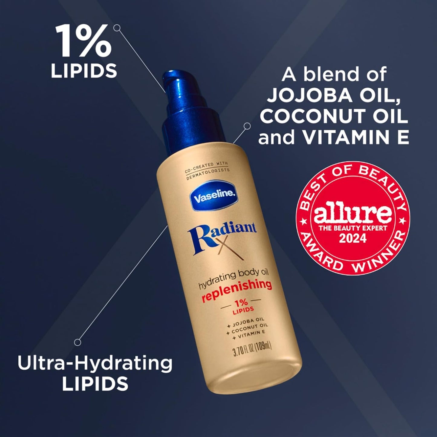 Vaseline Radiant X Replenishing Hydrating Body Oil with 1% Lipids, 109 ml / 3.7 fl. oz