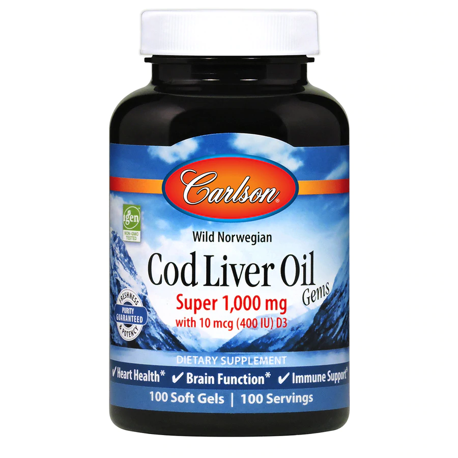 Carlson Cod Liver Oil Gems Super 1,000 mg 100 Softgels Heart Health, Brain Function