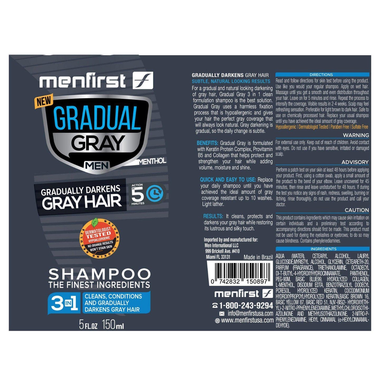 Menfirst Gradual Gray 3 in 1 Grey Hair Reducing Shampoo for Men, Menthol 5 fl oz / 150 ml