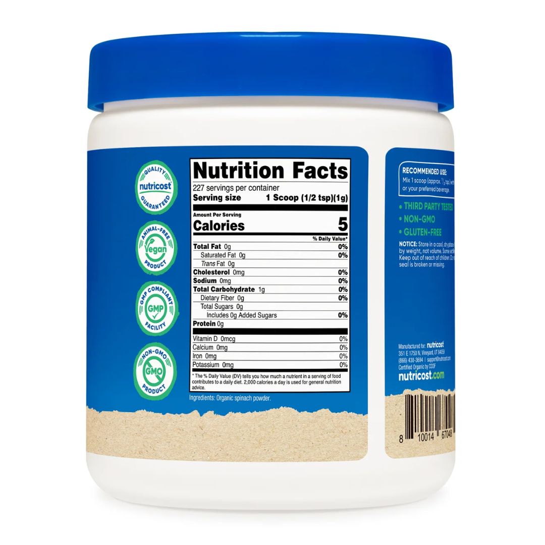 Nutricost Organic Unflavored Spinach Powder, 227 g / 8.1 oz