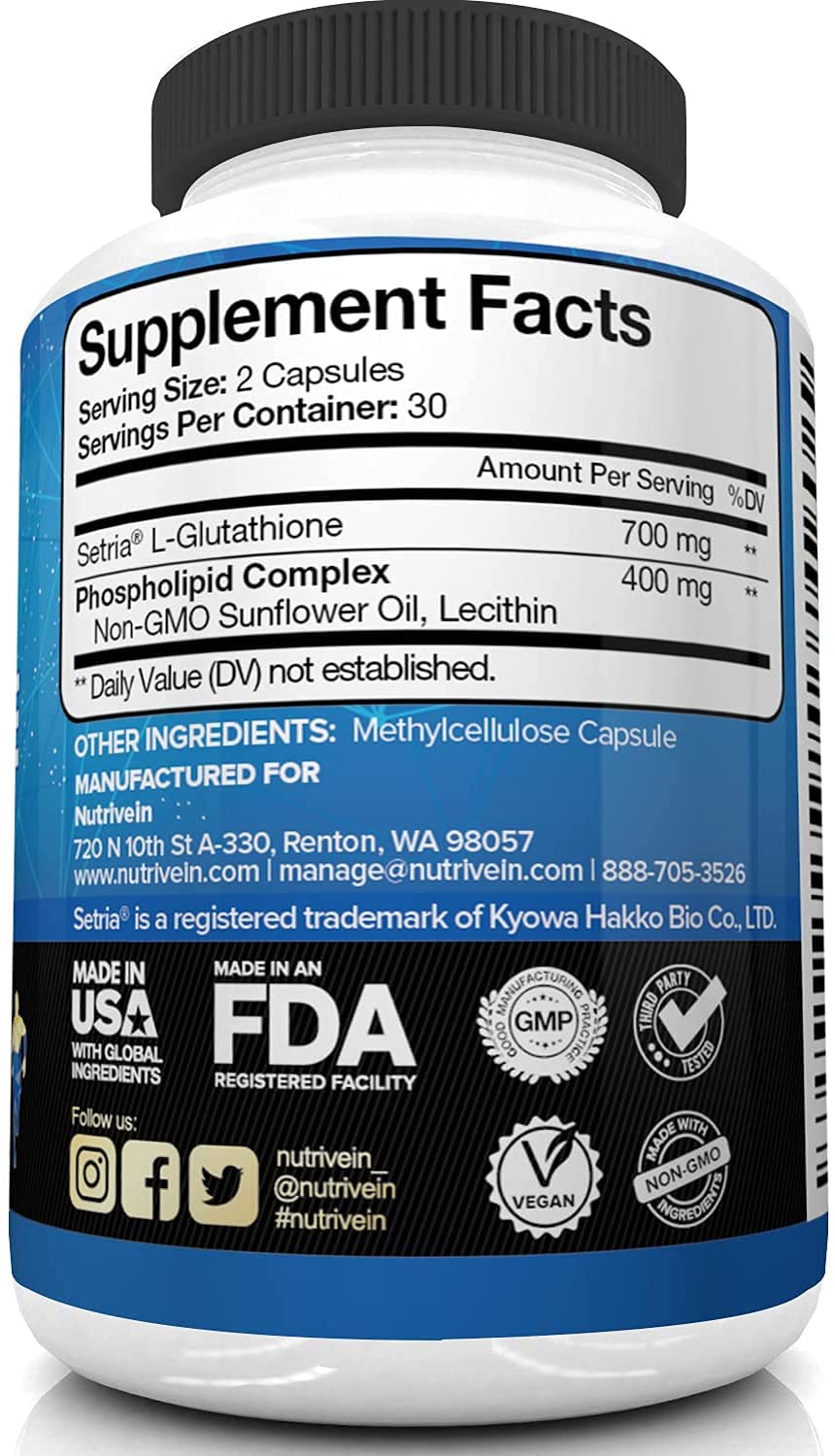 Nutrivein Liposomal Glutathione Enhanced Absorption 700 mg Per Serving, 60 Vegetable Capsules