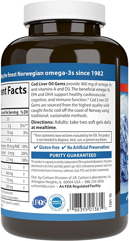 Carlson Wild Norwegian Cod Liver Oil Gems, 460 mg Omega-3s + Vitamins A & D3, Natural Lemon 150 Softgels